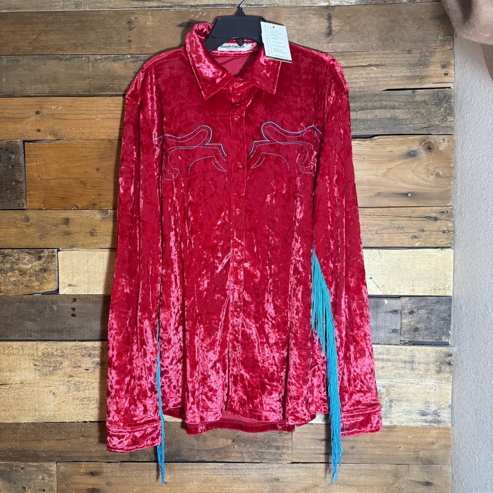 RANCH DRESSN BY FALLON TAYLOR REBA VELVET FRINGE PERFORMANCE SHIRT NWT LARGE